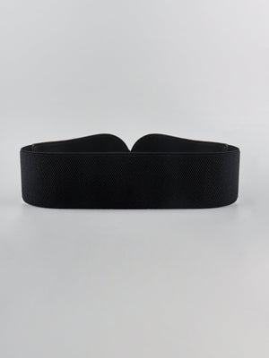 Black elastic waist cincher belt with sculpted detail and textured fabric.