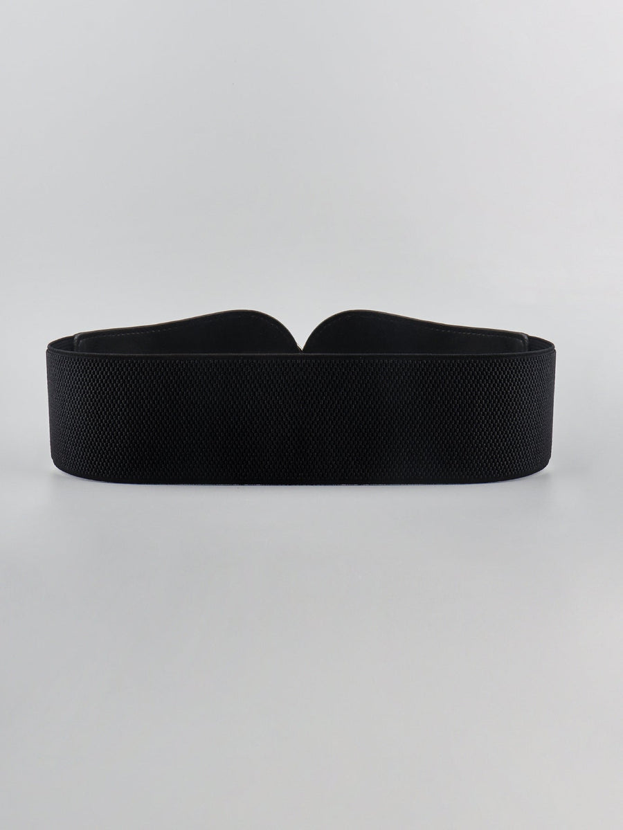 Black elastic waist cincher belt with sculpted detail and textured fabric.