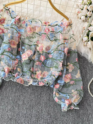 Embroidered floral off-shoulder t-shirt in sheer white with colorful blooms and green vines.