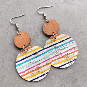 Cork and wood disc earrings with colorful stripes, boho style.
