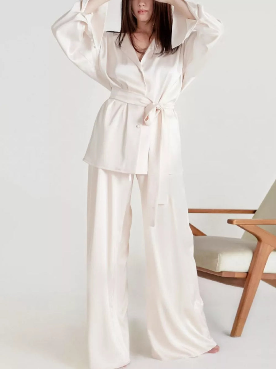 pajama set in Brown with buttoned and hip-length, full-length