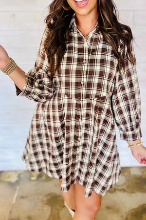 cream mini dress featuring buttoned and plaid