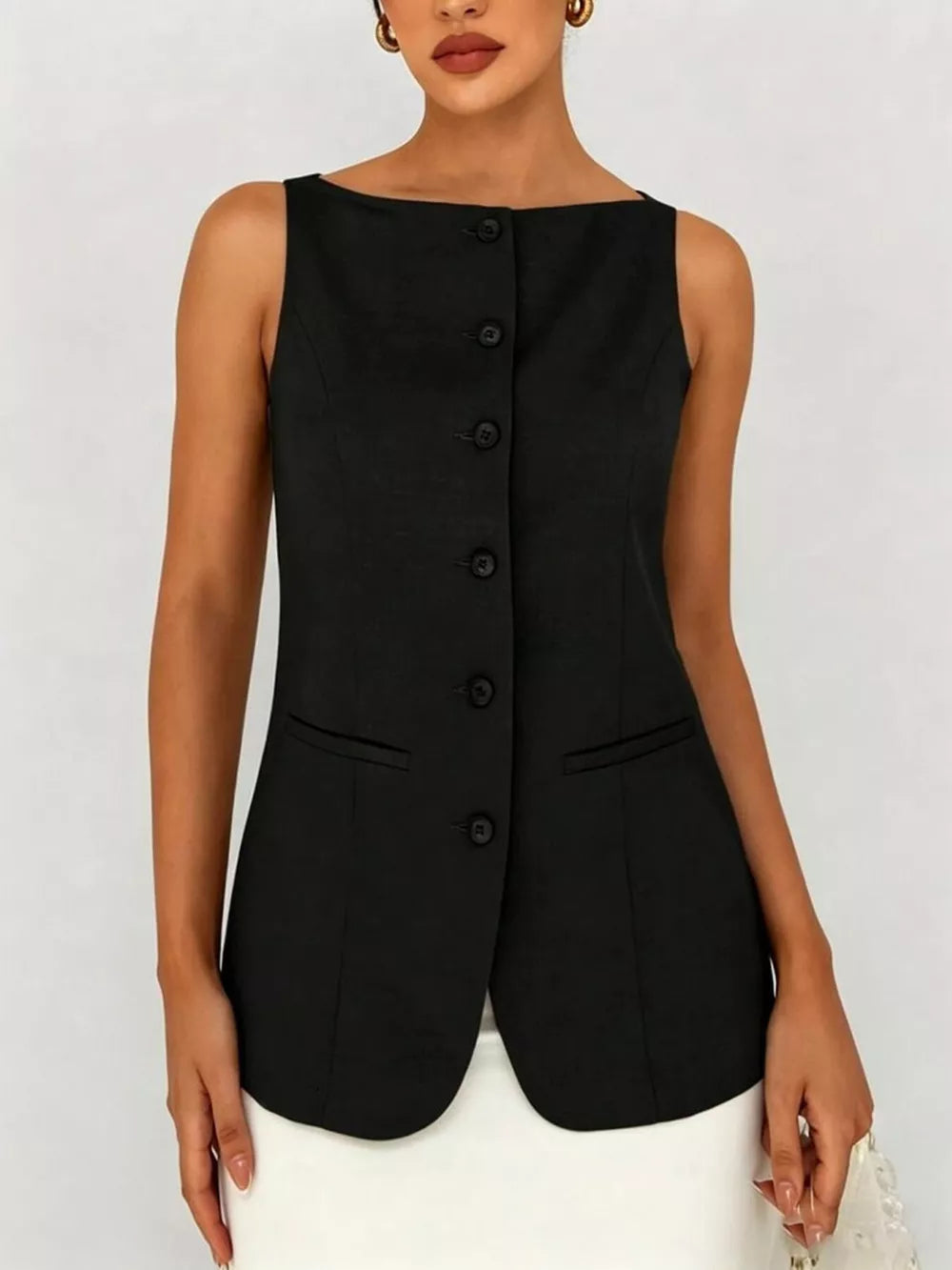 Black sleeveless button-down vest with boat neckline and pocket details