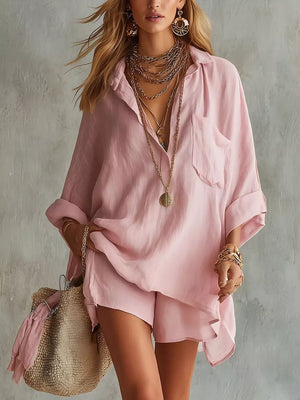 shirt and shorts set in blush pink featuring pocketed and oversized fit