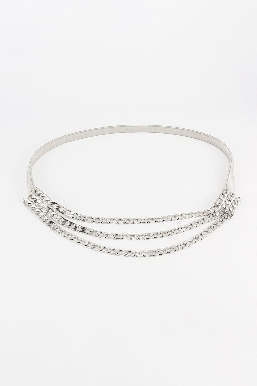 Silver chain cascade belt with three dangling chains.