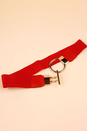 Red elasticated ring buckle belt with gold hardware