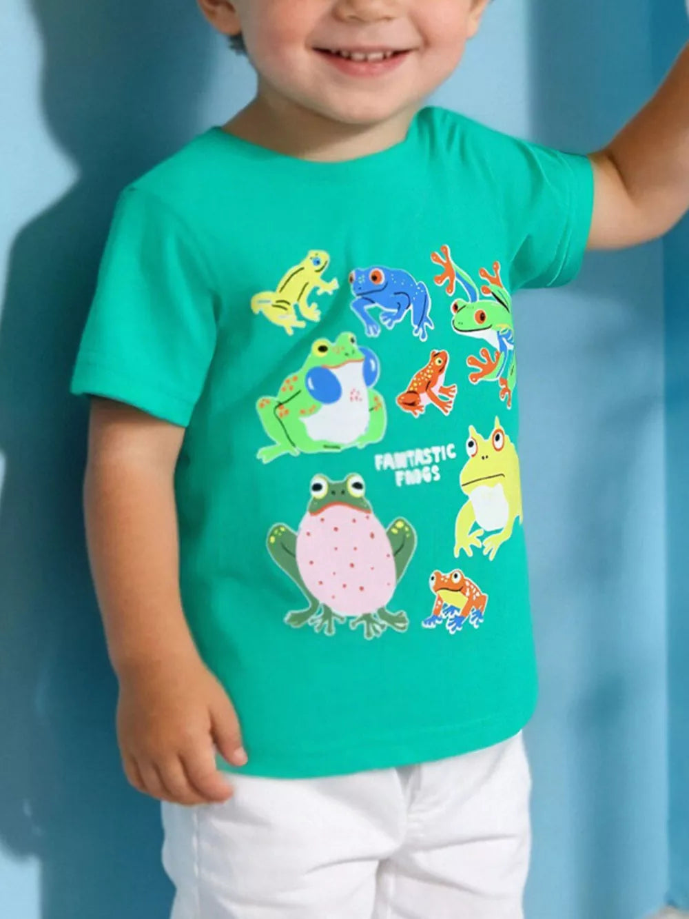 Green t-shirt with a playful frog print, short sleeves, and crew neck.