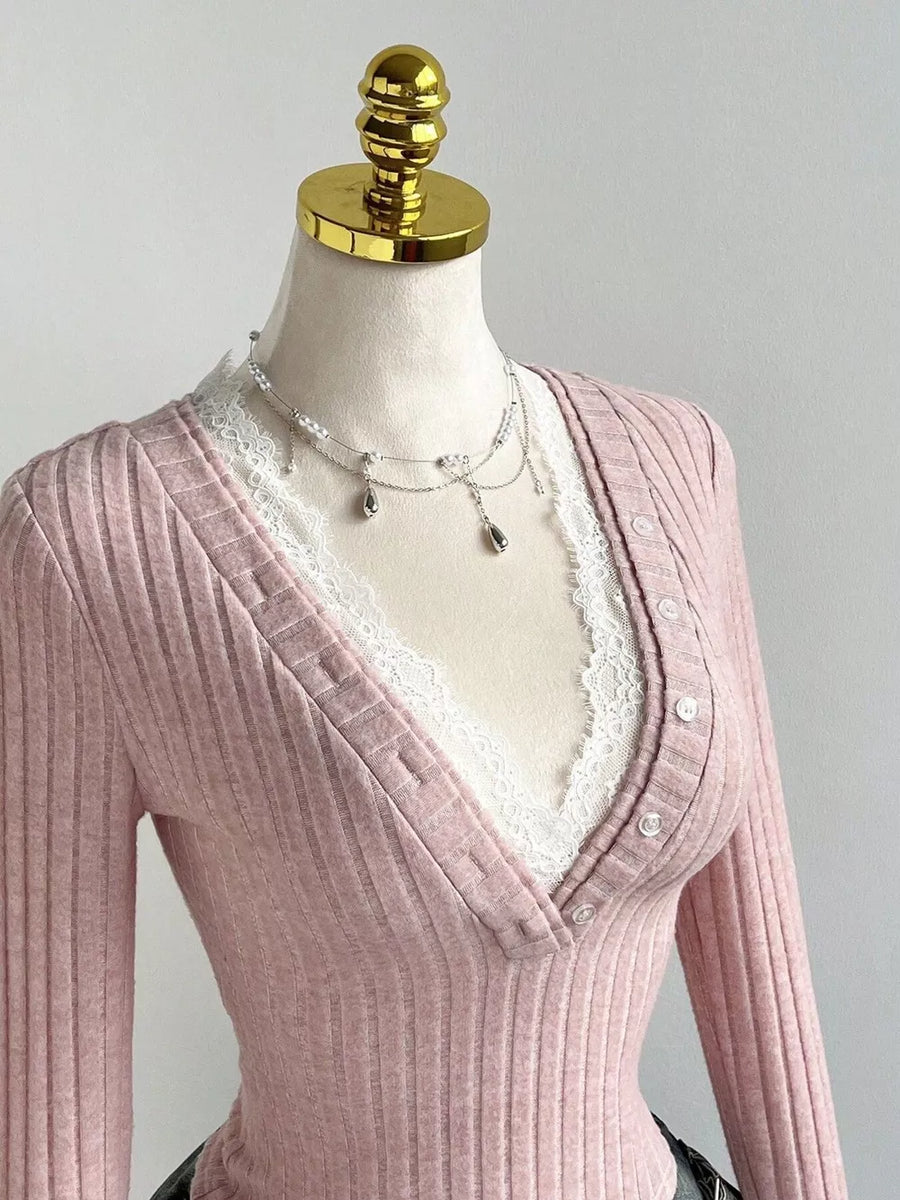 V-neck Lace Trim Ribbed Knit T-shirt option 13