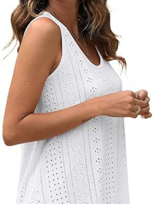 White eyelet scoop neck tank top with intricate patterns.