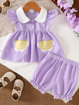 Purple striped cotton baby top with ruffle sleeves and shorts set, featuring flower pockets.