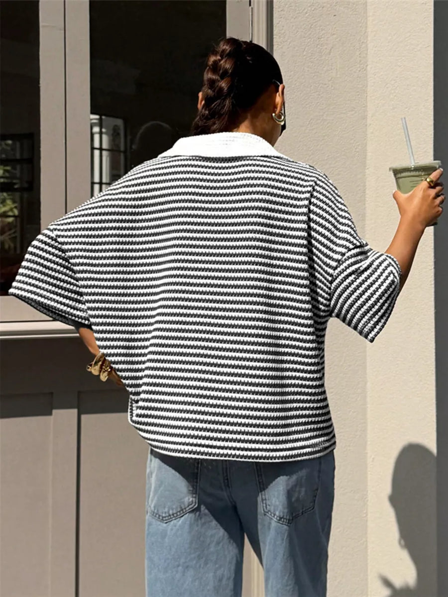 Khaki with Striped Knit 3/4 Sleeve Polo Top