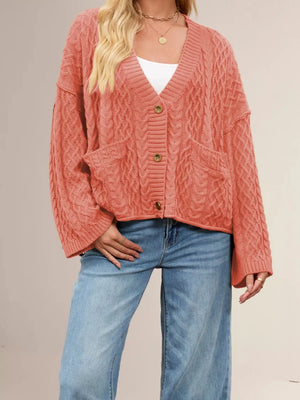 camel cardigan with button-front and cable knit