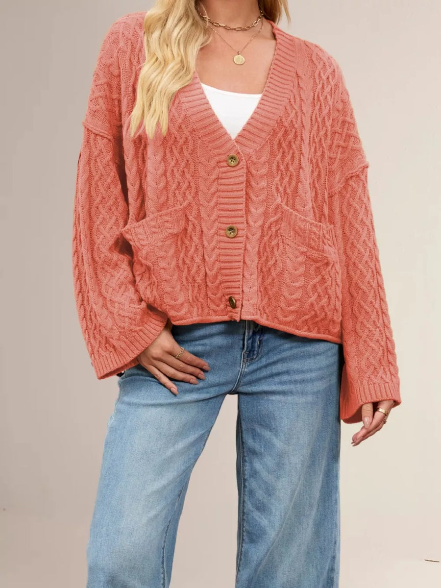 camel cardigan with button-front and cable knit