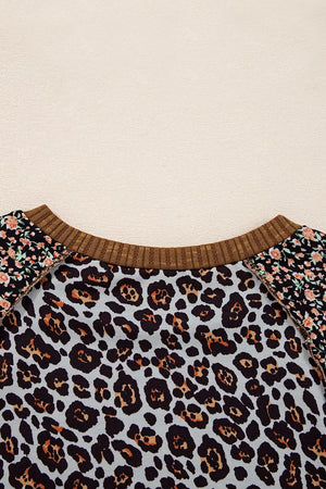 Leopard Floral Print Ribbed Puff Sleeve Sweatshirt option 8