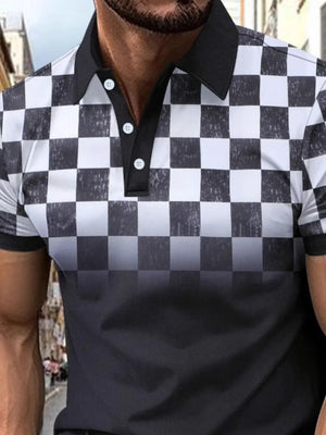 Black and white ombre checkered polo shirt with a button-up neckline and short sleeves.