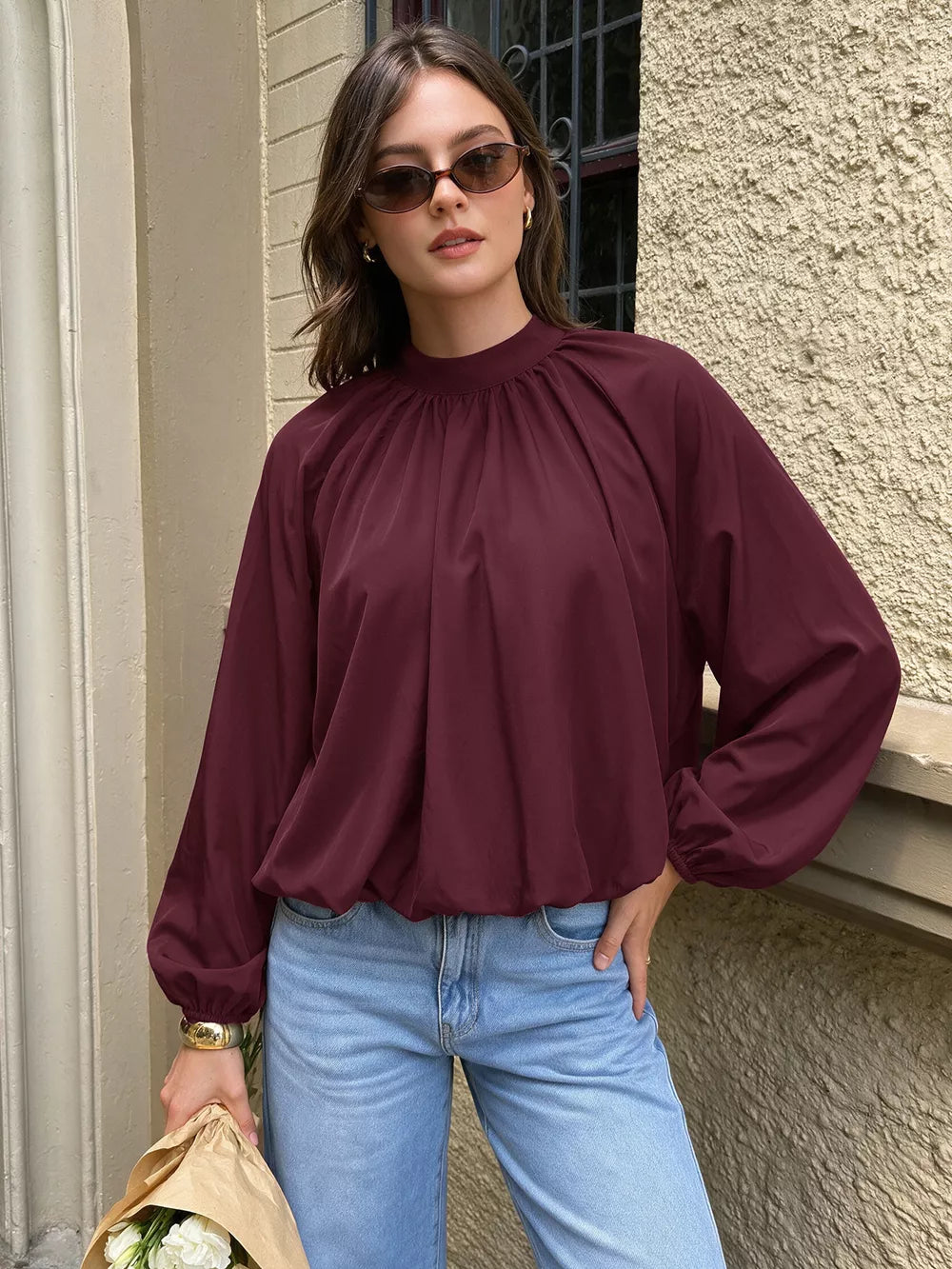 Fuchsia Pink blouse with hip-length and tie