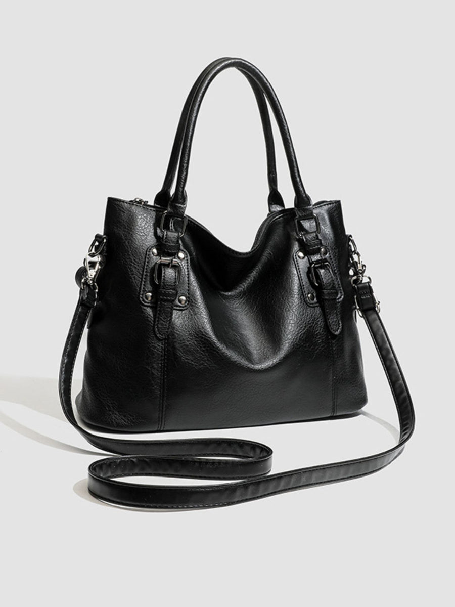 PU Leather Medium Handbag Tote Bag in Black