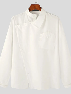 White asymmetric button-up shirt with architectural collar and chest pocket.