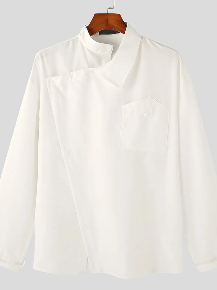 White asymmetric button-up shirt with architectural collar and chest pocket.