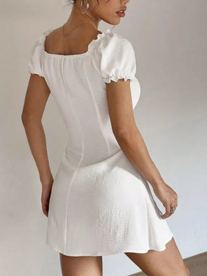 White with Ruched Button-front Puff Sleeve Mini Dress in White