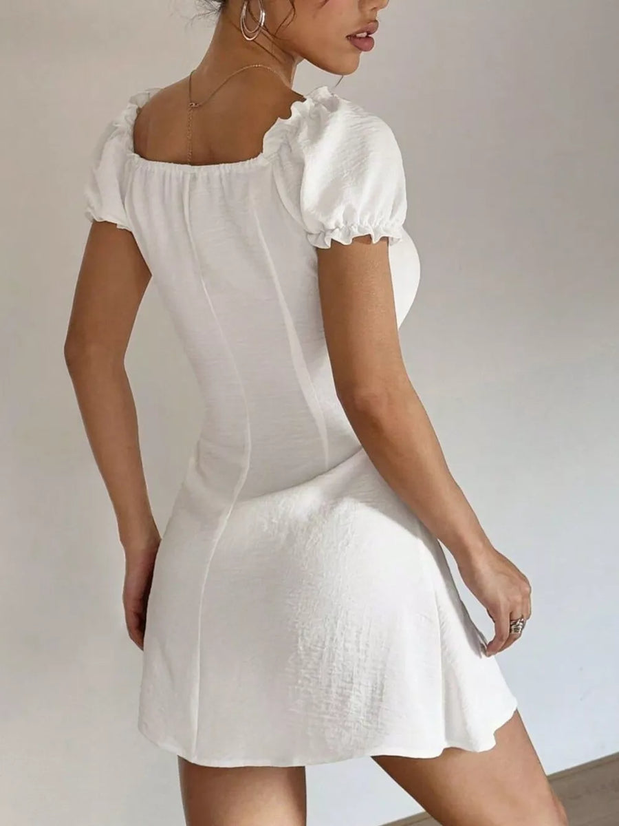White with Ruched Button-front Puff Sleeve Mini Dress in White
