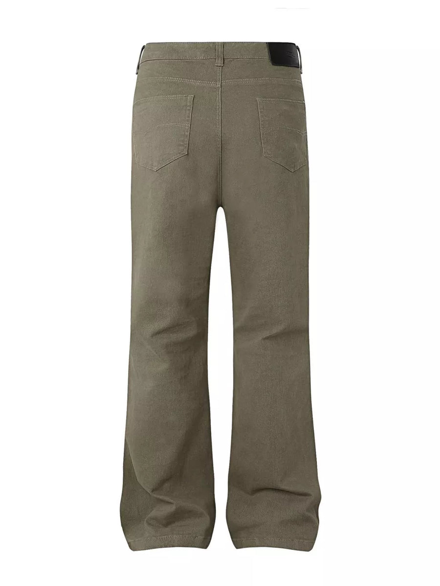 Men's high-waisted flare leg trousers in brown with classic five-pocket styling.