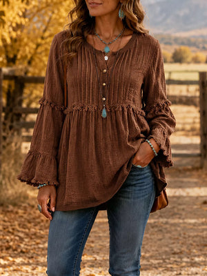 Burgundy blouse with babydoll and bell sleeve