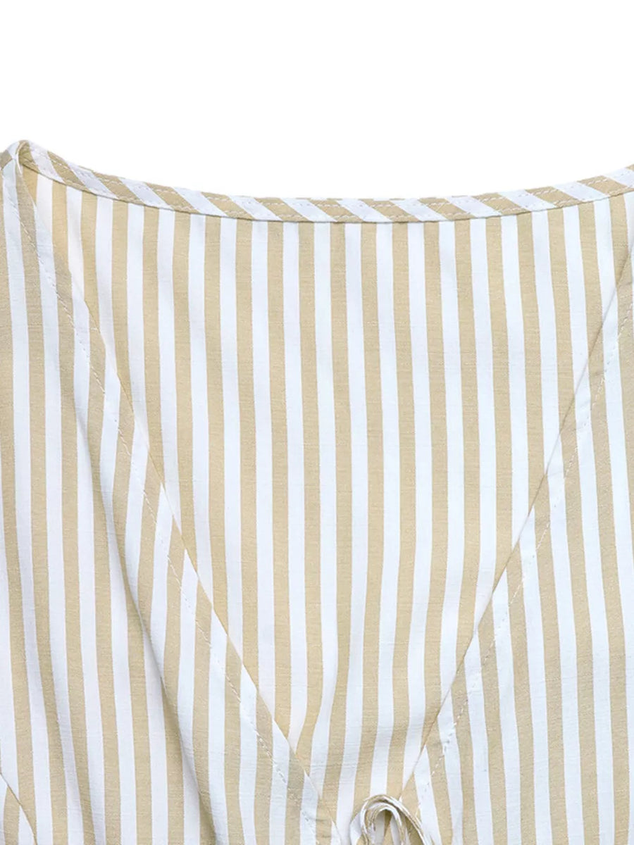 Chic striped cotton vest set with V-neck and tie detail.