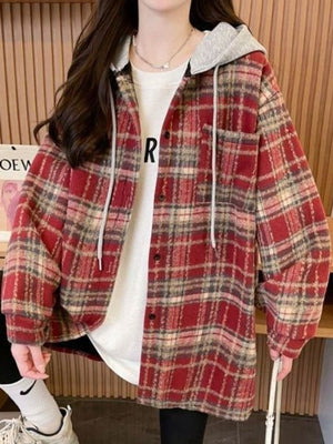 Black-Lightweight shacket with button-front and plaid