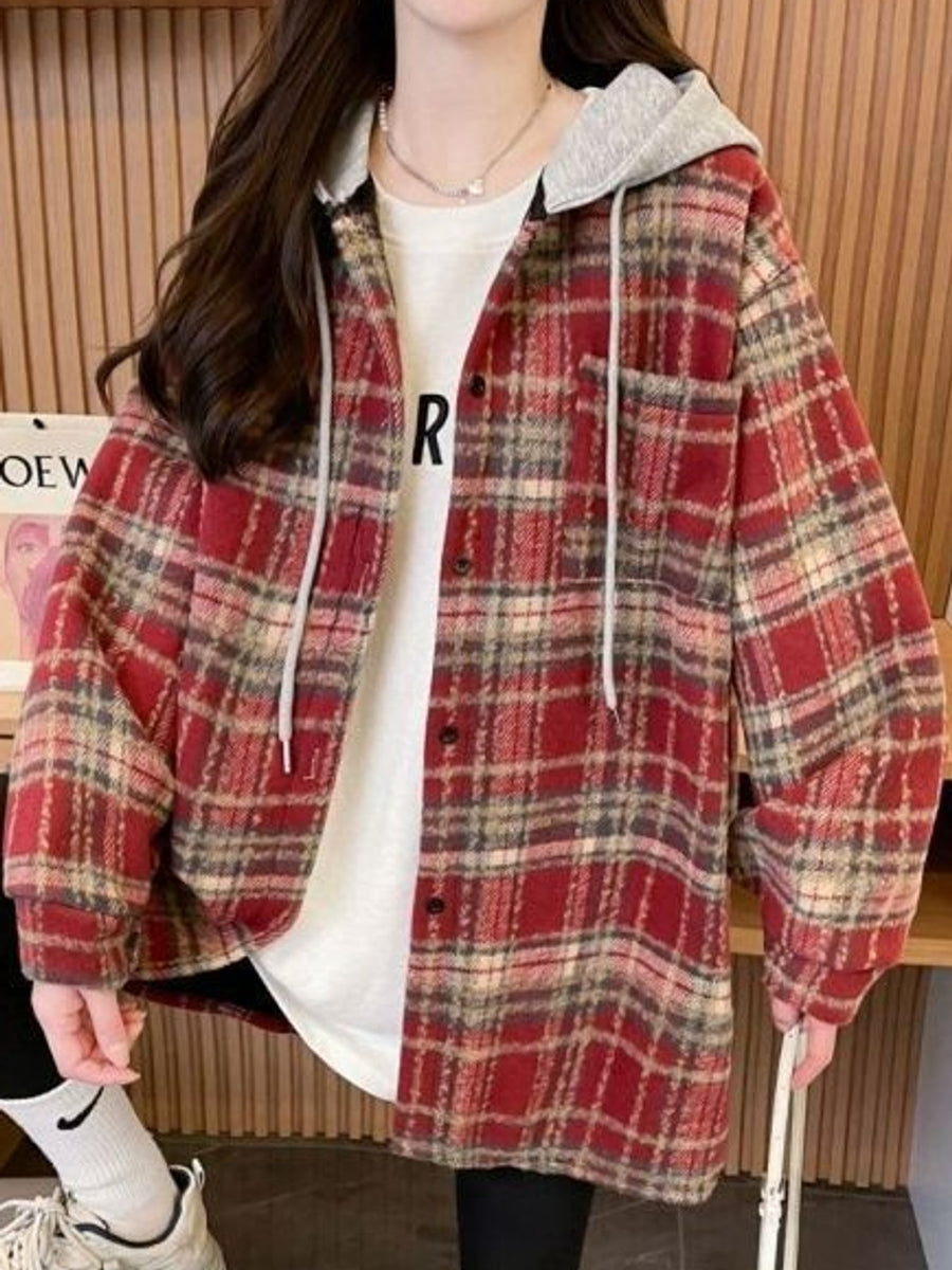 Black-Lightweight shacket with button-front and plaid