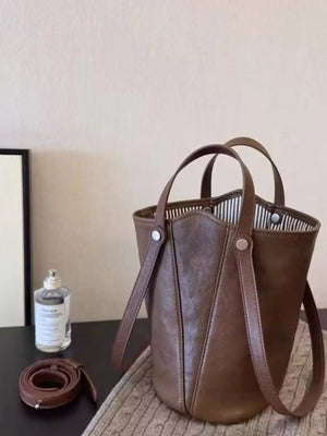 Elegant coffee brown PU leather bucket bag with striped lining and top handles