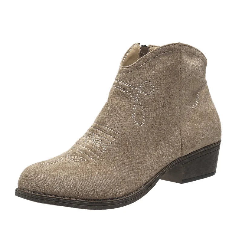 Khaki suede western ankle boots with white embroidery and a side zipper.