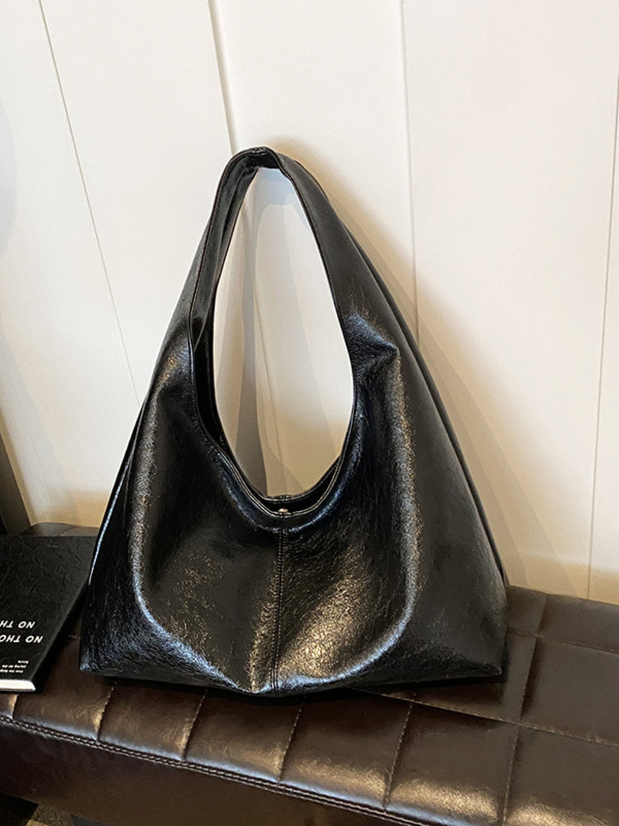 Large PU Leather Shoulder Bag in black with shoulder strap