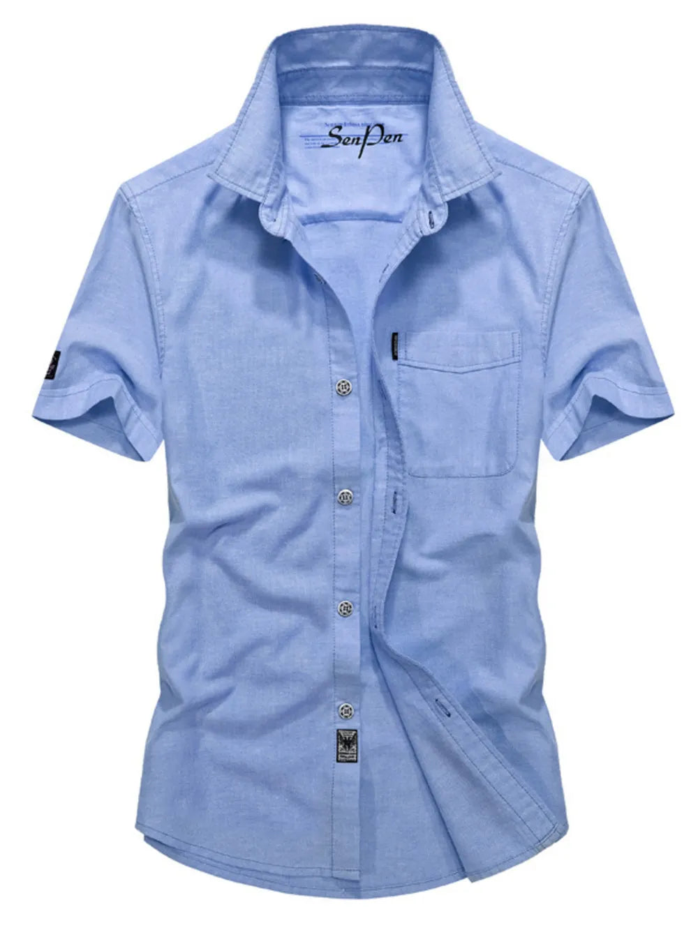 Men's sky blue short sleeve button-down shirt with pocket and classic collar.