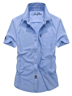 Men's sky blue short sleeve button-down shirt with pocket and classic collar.