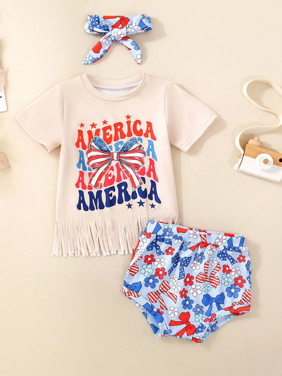 Baby set with fringe hem top and floral bow print bloomers, includes headband.
