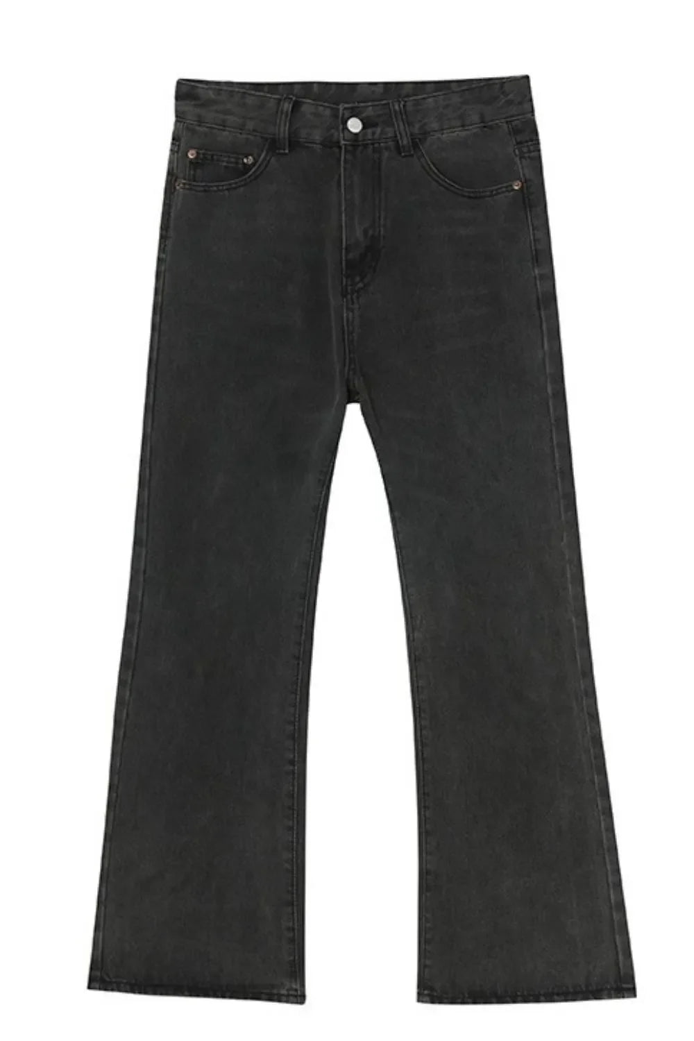 Dark gray vintage wash flare denim trousers with a casual fit.