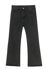 Dark gray vintage wash flare denim trousers with a casual fit.