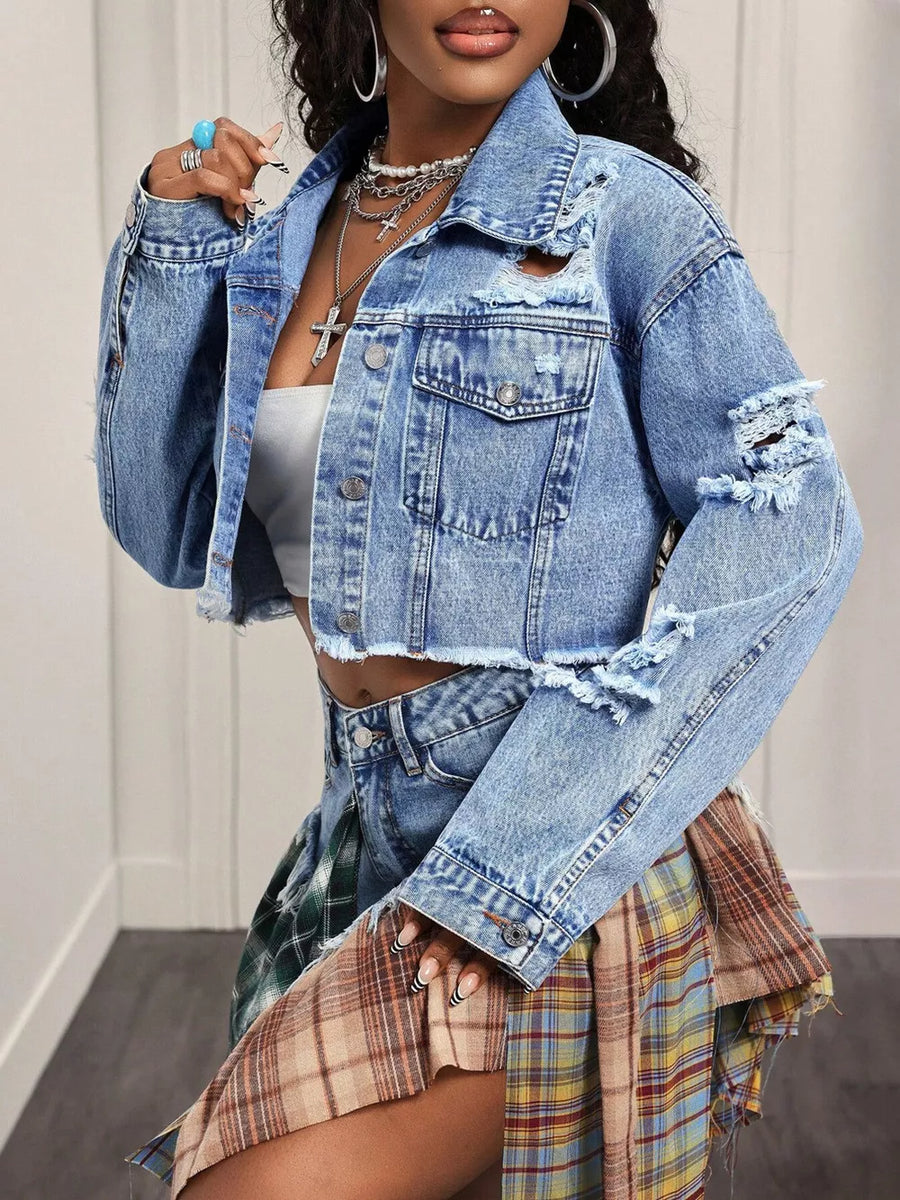 Distressed Cropped Denim Jacket option 5
