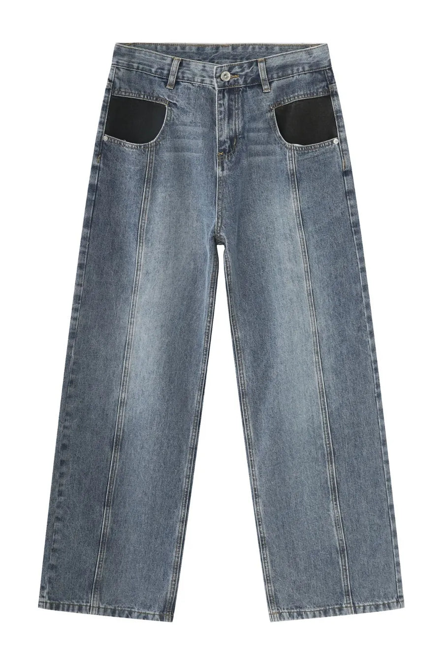 Panel seam denim trousers in medium wash with black pocket details and wide leg.