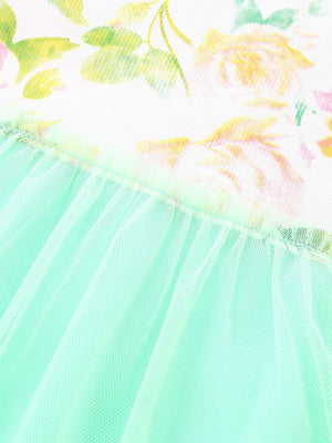 Toddler floral print dress with mint green tulle skirt and ruffled hem.