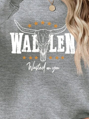Western graphic sweatshirt in charcoal with bull skull and text.