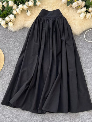 Black gathered waist high-waisted a-line skirt with pockets
