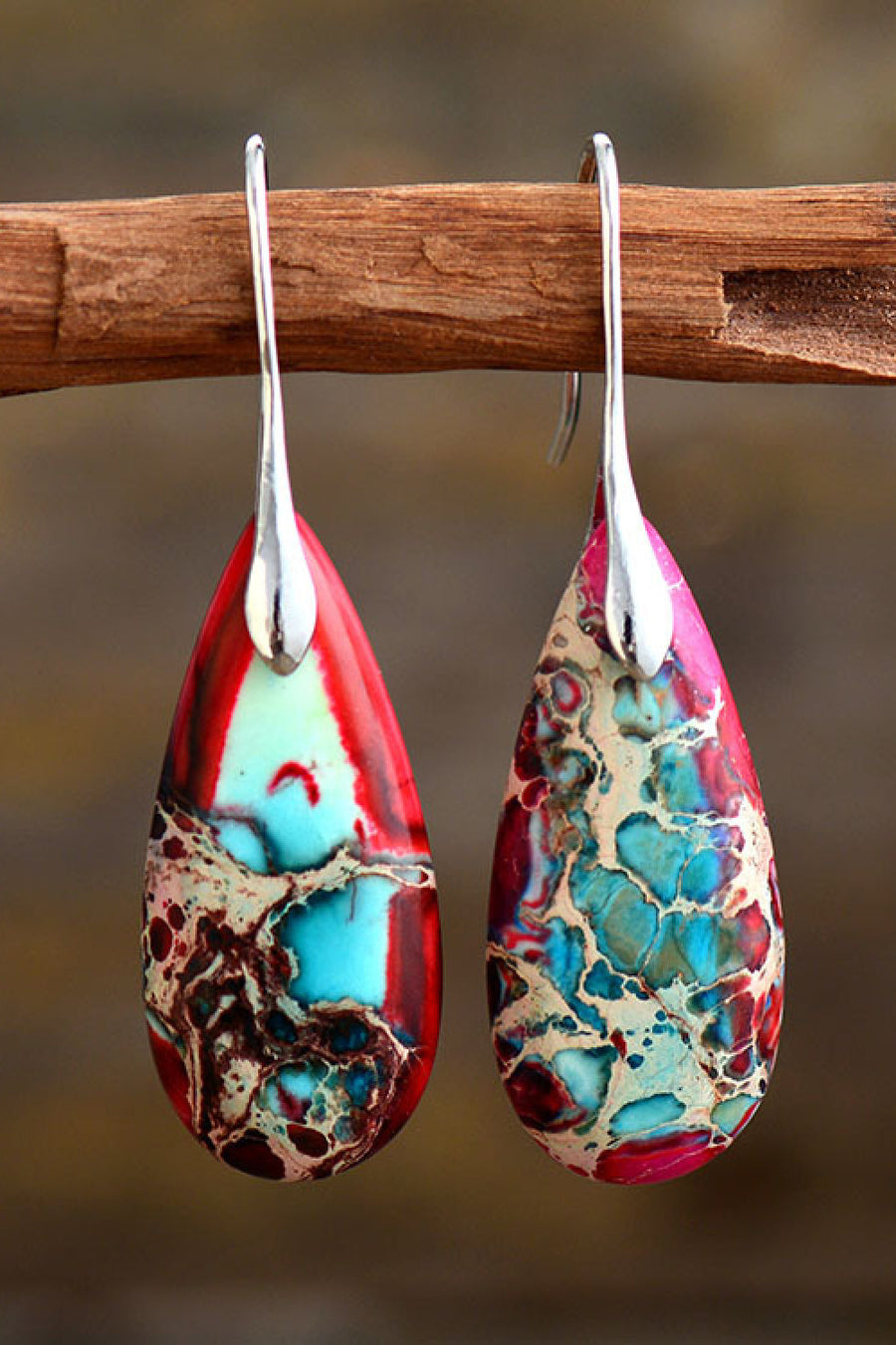 Teardrop jasper drop earrings in red, blue, and multi-color with silver hooks.
