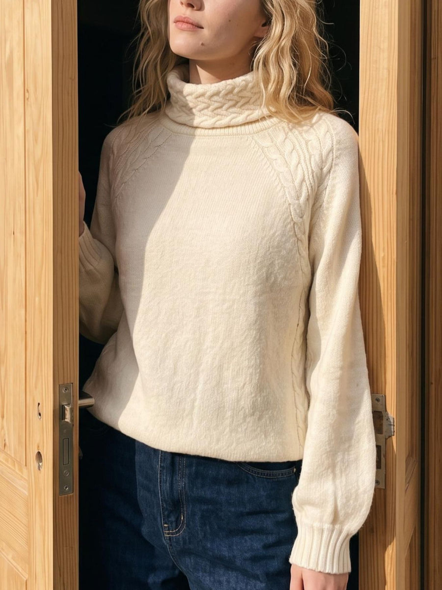 ivory turtleneck sweater with cable knit and turtleneck