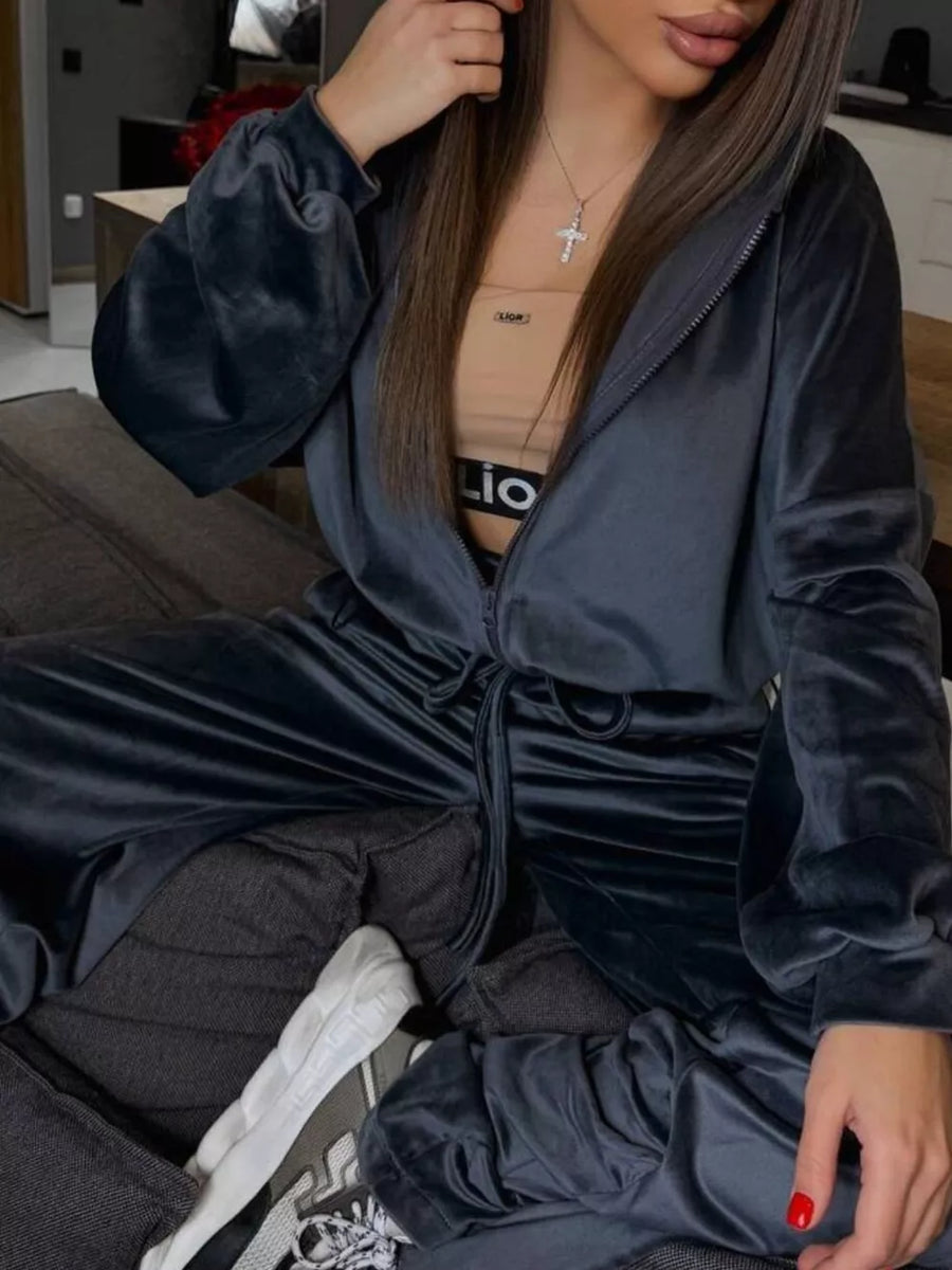 Zip Up Cropped Outerwear And Pants Set in Taro Purple
