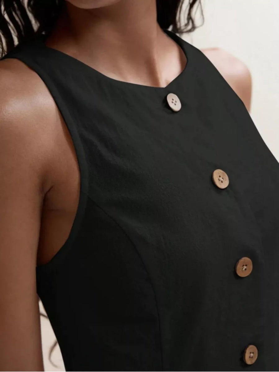 Black cotton sleeveless top with decorative wooden buttons