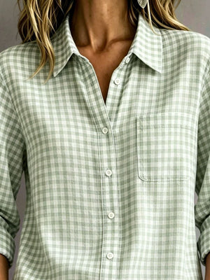 Gingham Button-Down Long Sleeve Shirt in Beige