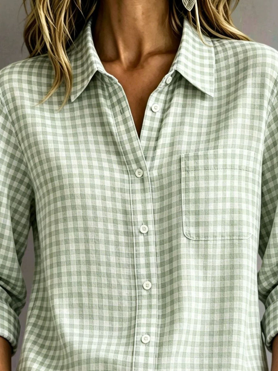 Gingham Button-Down Long Sleeve Shirt in Beige