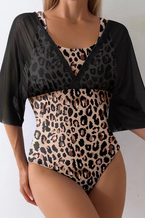 Leopard one-piece swimsuit with thigh-length and pullover